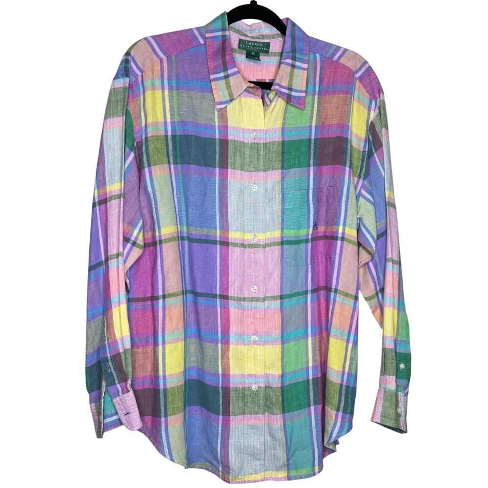 Lauren Ralph Lauren Check Plaid Long Sleeve Button Down Shirt 100% Linen Size 16